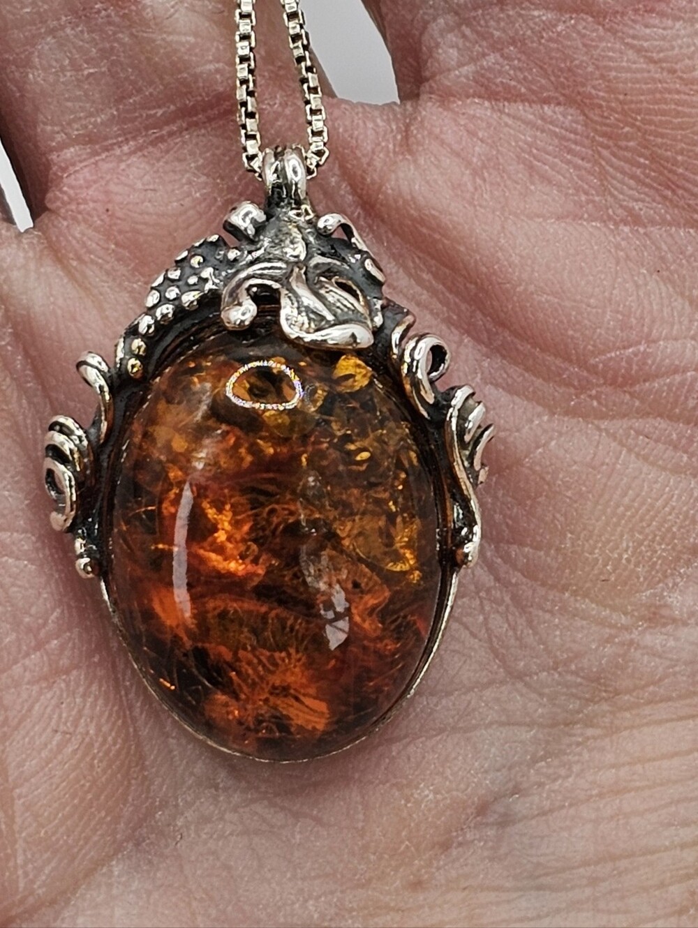 Vintage Polish Valerio Baltic Amber Pendant & Sterling Silver Box Chain 18" - Picture 5 of 12